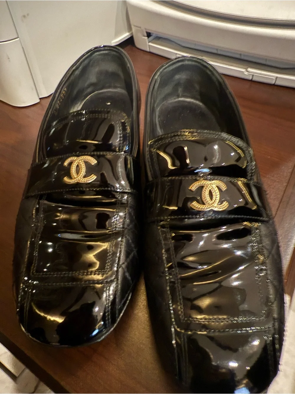 CHANEL Black Patent Leather Women's Loafers with Gold CC Emblem